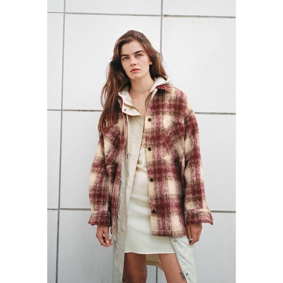 Zara Jackets & Blazers - NWT Zara burgundy ecru plaid fuzzy shirt jacket